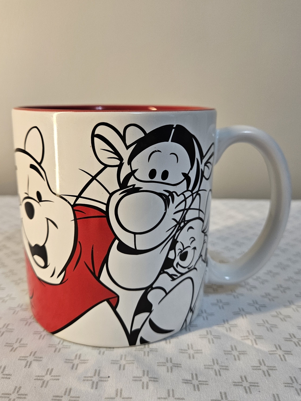 Disney Store Winnie the Pooh Mug w/ Tigger Piglet Eeyore, White/Red Interior